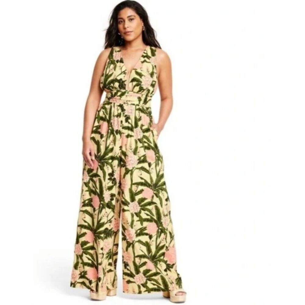 AGUA BENDITA TARGET Sz M Peony Botanical Floral Print Wide Leg Halter Jumpsuit